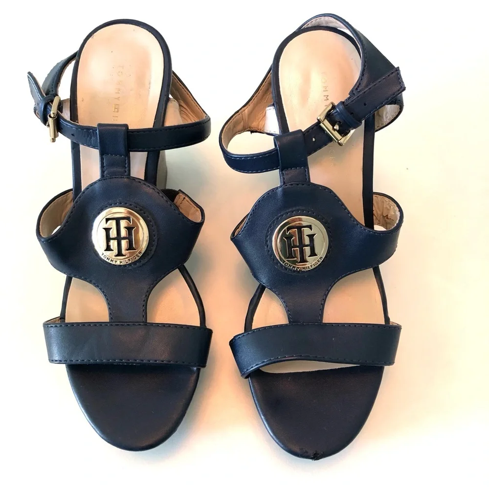Tommy Hilfiger Navy Blue Platform Wedge Sandals Womens 7 Ankle Strap Preppy